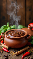 Rustic clay pot with authentic Mexican mole sauce and spices isolated on transparent background, ideal for food blogs, cookbooks, and spice brand ads    keywords:   clay, pot, Mexican, mole, sauce, 