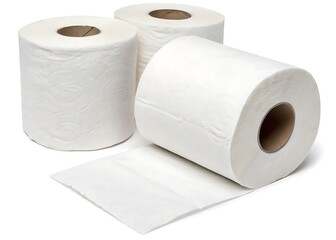 Three rolls of white toilet paper sitting on a white surface with a sheet out