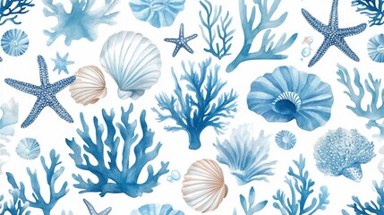 Serene Watercolor Seascape: Ocean Coral and Seashells