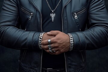 A bold biker-style bracelet with thick silver chain links, placed on a black leather jacket