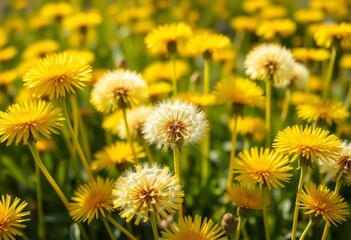 Obraz premium Close-up of vibrant yellow dandelions in full bloom, bathed in spring sunlight, dandelion, beauty