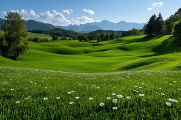 A chamomile field stretching into the distance, with rolling green hills under a blue sky