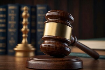 Close up image of a judge's gavel and sound block, law books can be seen in the background