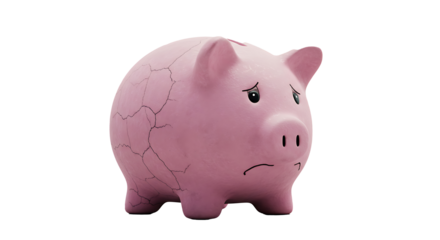 Sad pink piggy bank without woney isolated on white background, generated image   
