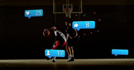 Playing basketball, athletes with animation of social media icons overlaying scene - Powered by Adobe
