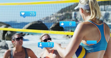 Playing beach volleyball, women with animation of social media notifications overlay - Powered by Adobe