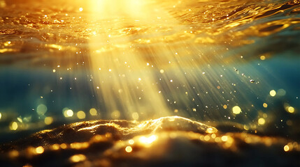 Naklejka premium Golden rays of sunlight penetrate the clear ocean water, highlighting the sandy floor and creating a serene underwater ambiance Golden sunlight