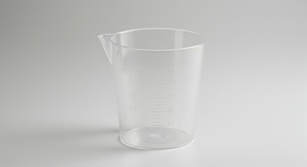 A transparent plastic measuring cup with marked volume increments stands on a light gray surface