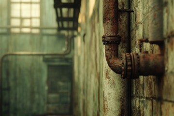 Rusty pipes and aged walls in an abandoned factory, showing signs of decay and time.