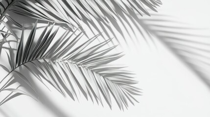 Monochrome photo of palm leaves casting shadows on a white background.