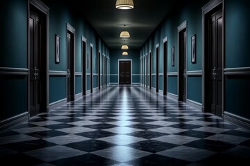 A dark and eerie medical corridor, representing the fear and uncertainty of a prostate cancer diagnosis