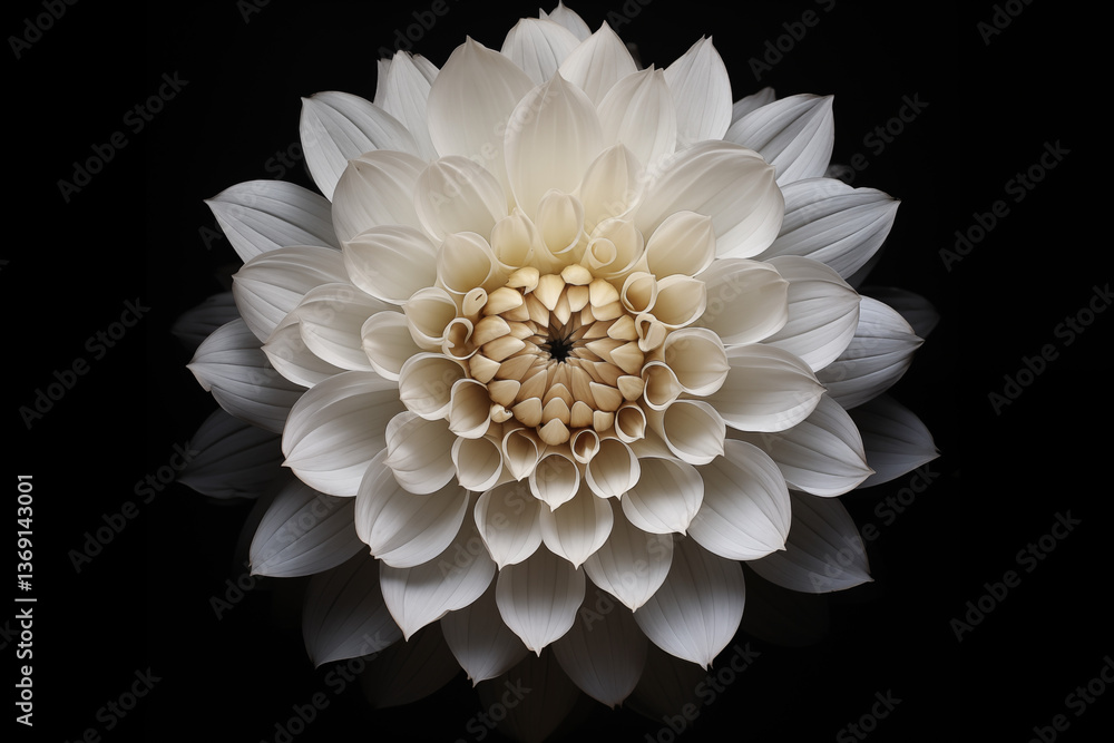 Poster a close up of a white dahlia flower with a dark background in a studio setting showing petals