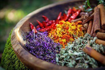 Fototapeta premium A wooden bowl filled with an assortment of dried herbs, spices, and flowers.