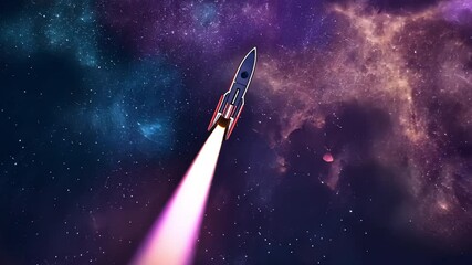 Rocket accelerates diagonally through deep space with a glowing magenta trail, camera tilts up as stars and galaxies blur by, emphasizing dynamic motion and vivid cosmic backdrop.