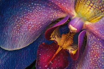 Naklejka na ściany i meble Close-up of a vibrant orchid with purple, red, and yellow petals, showcasing intricate details and water droplets.