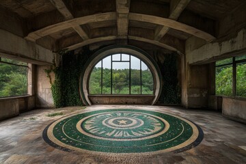 Obraz premium A forgotten Soviet mosaic in a countryside barn, overgrown with ivy but still depicting a hopeful vision of the future