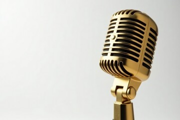 Fototapeta premium Close-up of a gold microphone on white background, isolated, accessory, rap