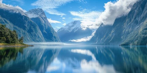 Fototapeta premium Serene landscape featuring mountains and a reflective lake under a blue sky with clouds.