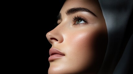 Fototapeta premium Close-up profile of a woman with flawless skin and a light-colored hijab, highlighting beauty and elegance