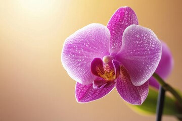 Plakat A close-up of a vibrant purple orchid, glistening with dew drops, against a soft, warm background.