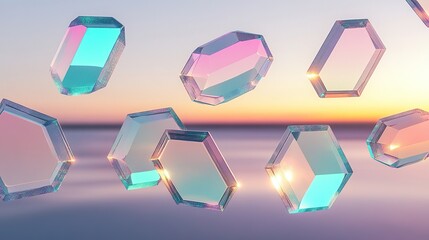 Floating crystal panels arranged in an abstract honeycomb pattern