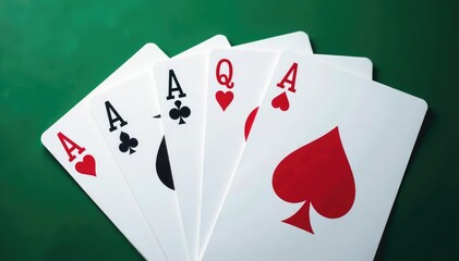 Four aces fanned out, showcasing their unique pattern , diamonds, suit
