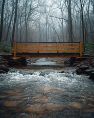 Obraz premium Serene wooden bridge over a flowing stream in a misty forest. Tranquil nature scene perfect for relaxation and meditation imagery.