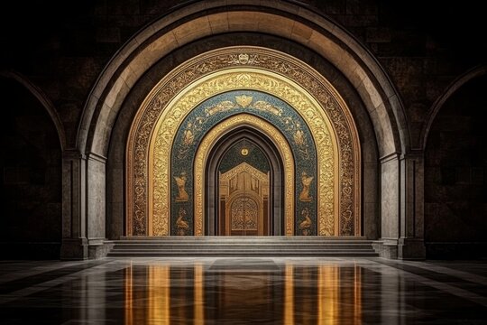 A grand mosaic inside a government building, displaying the unity of the Soviet republics with bold, golden details