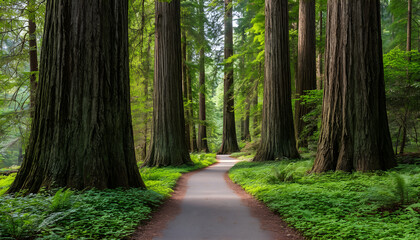 Obraz premium Serene Hiking Trail Through Giant Redwoods National Park