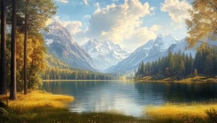 Obraz premium A picturesque lake reflects the majestic snowy mountain range scenery