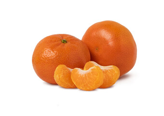Two tangerines and three slices isolated. Citrus fruits with shadow