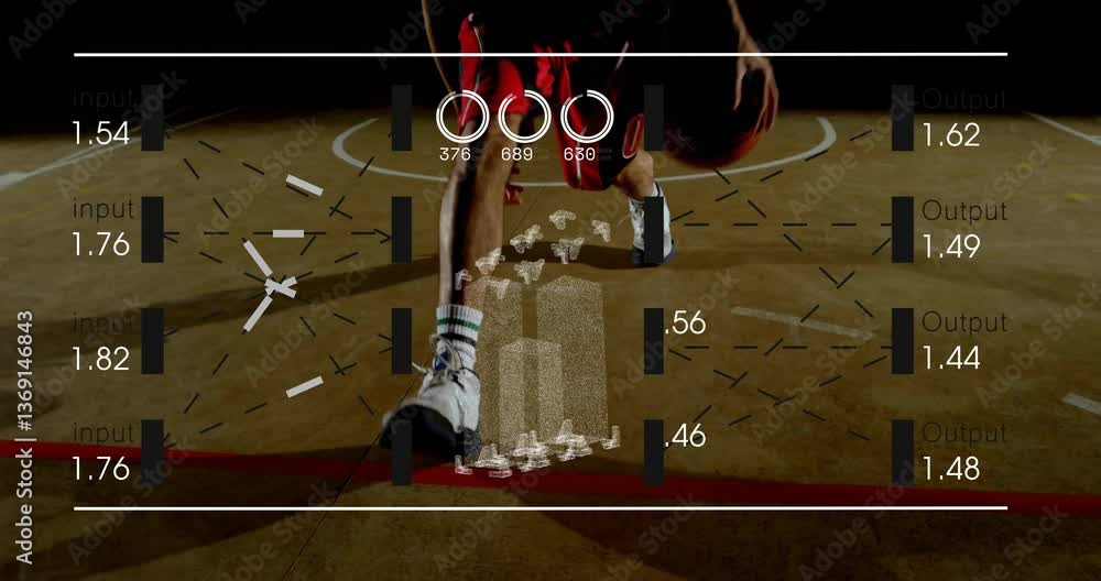 Poster basketball player bending over court with data processing animation overlay