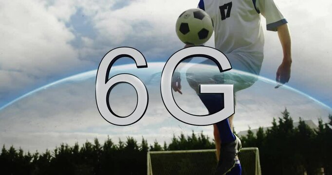 Juggling soccer ball, player with 6G animation over cloudy sky background - Powered by Adobe