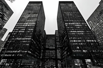 Black And White Cityscape Featuring Tall Skyscrapers At Night