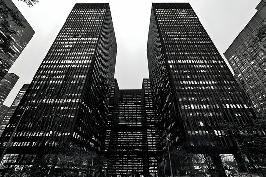 Fototapeta Black And White Cityscape Featuring Tall Skyscrapers At Night