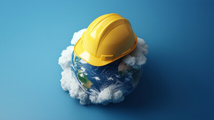 Global Construction Safety Hard Hat on Earth with Clouds