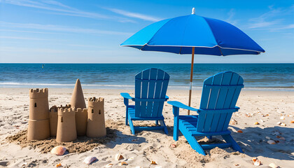 Peaceful Beach with Adirondack Chairs and Blue Umbrella