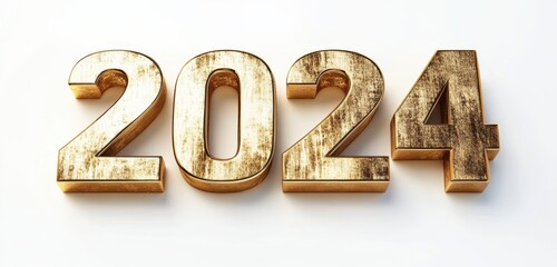 Golden 2024 Numerals with Shimmering Metallic Texture on White Background in Three Dimensional Rendering for New Year Celebration Design
