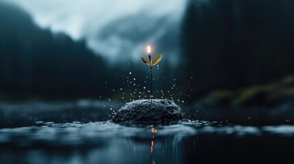 Tiny plant sprout on rock in water, illuminated by flame