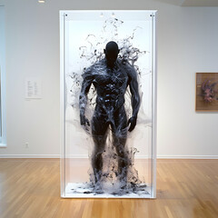 Black Figure in a Glass Box Surrounded by Ink-like Fluid