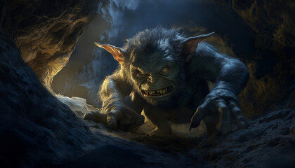 Cave Goblin Lurking, Fantasy Creature, Dark Cave, 3D Render, Digital Art, Monster, Ferocious, Mythic