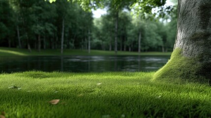Lush forest edge, tranquil pond.  Tranquil, green, nature, peaceful, serene, park, meadow, trees, water, foliage, grass, moss, sunlight, calm, nature view, scenic, outdoor, summer, spring,  pondside,