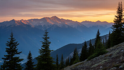 Obraz premium Sunset Over Majestic Mountain Range with Evergreen Trees