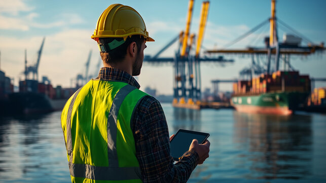 Cargo Port Inspector Using Tablet Logistics Shipping Crane Docks