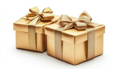 Obraz premium Two Golden Gift Boxes with Glittering Ribbons Isolated on White Background For Holiday Celebration and Elegant Presentation