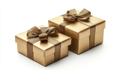 Two Golden Gift Boxes with Ribbons Isolated on White Background Featuring Elegant Bows and Shiny Wrapping Paper for Holiday Celebration