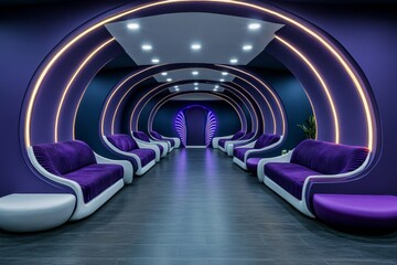 Obraz premium A neon-lit cyberpunk lounge with an interactive digital installation made of LED panels shifting colors dynamically