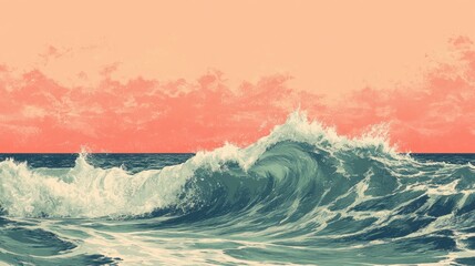 Vintage Pixelated Ocean Wave with White Crests Under Peach Sky Retro Style Illustration