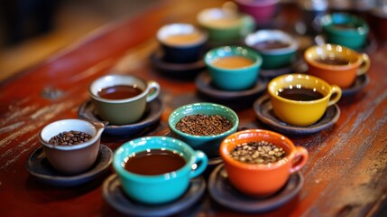 A collection of colorful coffee cups and saucers on a wooden table.