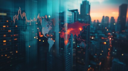 Double Exposure of Abstract Financial Graph with World Map on Office Buildings